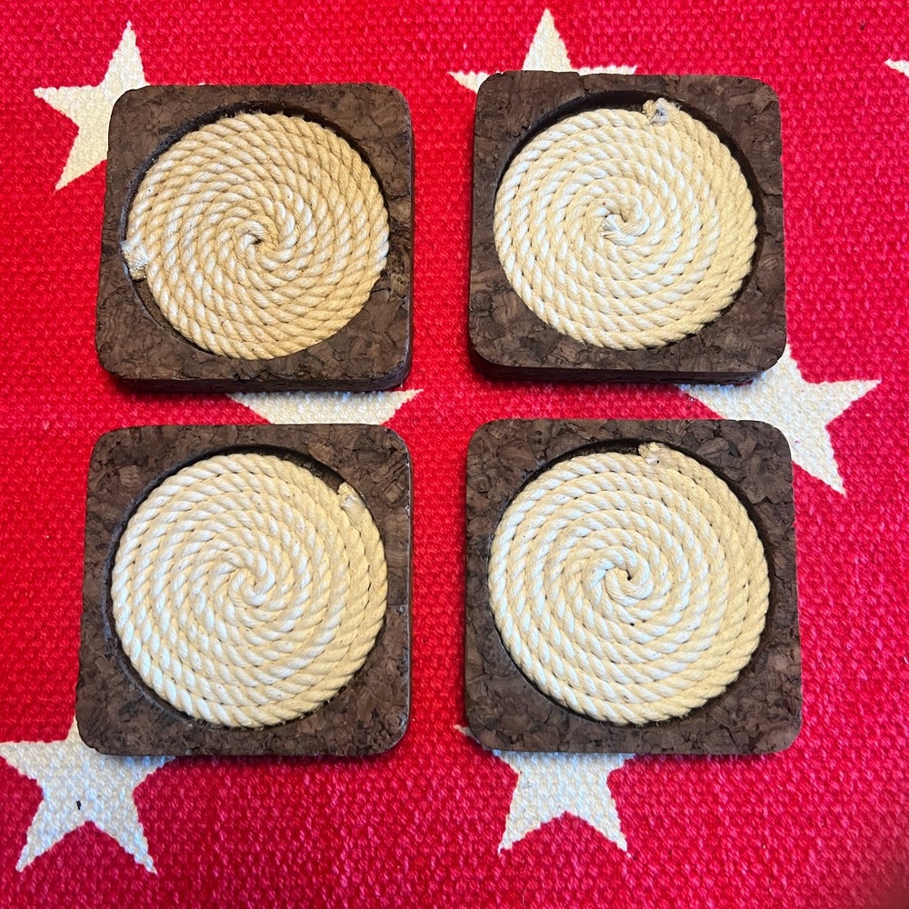 Vintage Set of 4 Cork and Cream Rope Coasters